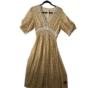 Elan Yellow Floral Midi Dress with Lace Accents